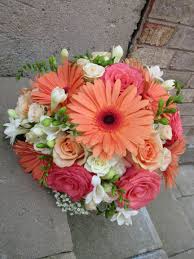 Wedding Bouquet Of Freesia Roses Gerbera Daisies And Baby S Breath In Coral Peach And Whi Spring Wedding Bouquets Coral Bouquet Wedding Bridal Bouquet Coral