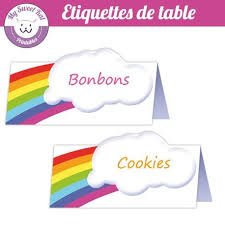 Etiquettes De Table Nom Des Mignardises Theme Rainbow Etiquettes De Table Etiquettes Anniversaire Arc En Ciel
