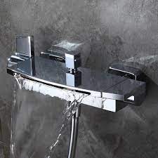 Classic hot and cold water: Waterfall Bathtub Faucet Silver Chrome Wall Mounted Brass Modern