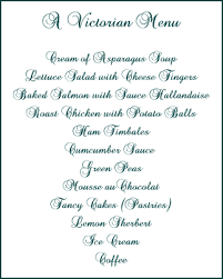 There are a few more traditional recipes that used to be included on the victorian dinner menu or at a victorian dinner party which were: Dining Room Etiquette Victorian Recipes Tea Party Menu Christmas Dinner Menu