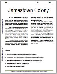 Jamestown Colony Free Printable American History Reading With Questions Grades 7 12 Social Studies Middle School Social Studies Worksheets Jamestown Colony