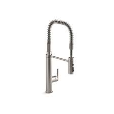 The silhouette — a simple arched spout and single lever handle — offers a straightforward style that adapts to nearly any kitchen design. Kohler K 24982 Vs Vibrant Stainless Purist 1 5 Gpm Single Hole Pre Rinse Kitchen Faucet With Sweep Spray Docknetik And Masterclean Technologies Faucet Com