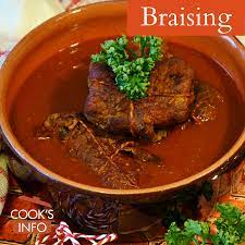 Braising is simply a cooking method that involves browning meat or vegetables in oil, then cooking it in a small amount of liquid in a covered pan, either on the stovetop or in the oven. Braising Cooksinfo