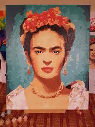 Young Art School, ages 9-11:- Our project "Portraits of Frida Kahlo" (Oil  and paint pen