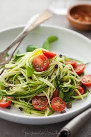 Zucchini Noodles With Caper Olive Sauce And Fresh Tomatoes Recipe Recipes Healthy Raw Food Recipes