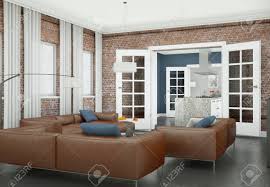 Sep 22, 2020 · the best living rooms, no matter how modern and minimal, have comfortable furniture, as shown in this lovely space by interior designer gi na kay daniel. Modern Living Room Interior Design With Brown Leather Sofas 3d Illustration Lizenzfreie Fotos Bilder Und Stock Fotografie Image 103471084