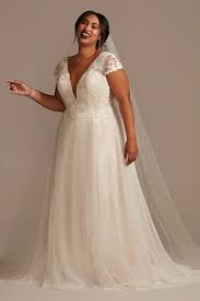 Oleg cassini lace floor length illusion wedding dress from david's bridal. Cap Sleeve Pearly Low Back Plus Size Wedding Dress Oleg Cassini 8cwg889