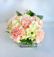 Hydrangea Carnation Arrangement Rose Of Sharon Floral Designs Carnation Wedding Centerpieces Carnation Centerpieces Graduation Flower Centerpieces