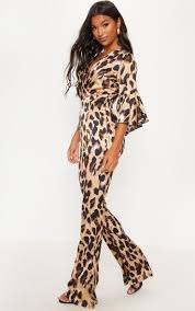 Tan Leopard Print Flared Sleeve Jumpsuit Leopard Print Fashion Leopard Print Print Clothes