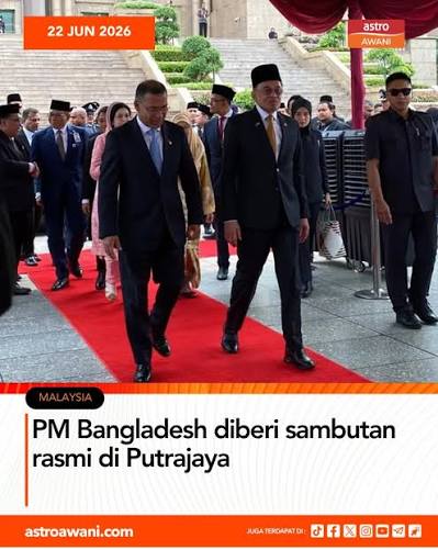 Perdana Menteri Bangladesh, Tarique Rahman yang dalam lawatan dua hari ke  Malaysia diberi sambutan rasmi di Bangunan Perdana Putra, Putrajaya pada  Isnin. Perdana Menteri, Datuk Seri Anwar Ibrahim dan isteri, Datuk Seri
