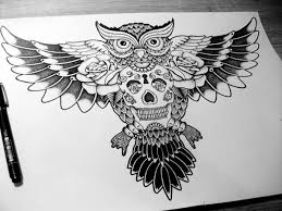 8 skull tattoos for men; Open Wings Owl And Skull Tattoo Design