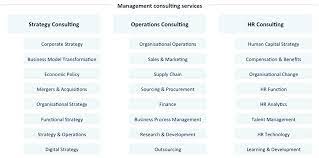 Kajol, from @management.consultant on youtube and instagram, has wonderfully split consulting specialties into these main practice areas: Management Consulting Consultancy Org
