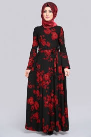 Volan Kol Elbise Tkm2567 Kirmizi Siyah Abaya Tarzi Basortusu Modasi Moda Stilleri