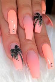 We have a pretty pink peach nails with matte, shine and textured. Peach Nails With Tropic Print Tropicnails Peachnails Simple Sweet And Spicy Nails Peach Peachnails Best Acrylic Nails Fun Summer Nails Peach Nails
