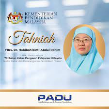 Kementerian pendidikan dahulunya dikenali sebagai kementerian pelajaran, ialah sebuah kementerian di malaysia yang bertujuan untuk membangunkan sebuah sistem pendidikan yang berkualiti ketua setiausaha kementerian pendidikan malaysia. Padu Pppm Ø¹Ù„Ù‰ ØªÙˆÙŠØªØ± Sukacita Dimaklumkan Bahawa Ybrs Dr Habibah Binti Abdul Rahim Telah Dilantik Sebagai Timbalan Ketua Pengarah Pelajaran Malaysia Sektor Dasar Dan Pembangunan Pendidikan Dasar Kementerian Pendidikan Malaysia