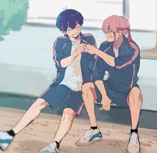 isagi yoichi, kurona ranze, blue lock, white footwear, 2boys, ^ ^, black  hair, black jacket, black shorts, braid, closed eyes, day, fist bump, full  body, grin, headband, jacket, looking at another, mageuchi5486,