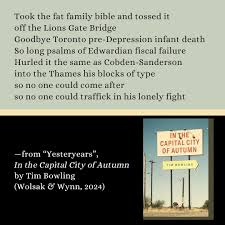 Recently, multi-time award-winning Alberta poet Tim Bowling's new  collection, In the Capital City of Autumn, was reviewed by the marvellous  reviewer and poet gillian harding-russell in The Fiddlehead—so we thought  we'd share