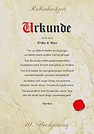 Rubinhochzeit Urkunde Personalisiert Geschenk Karte Zum 40 Hochzeitstag Din A4 Amazon De Burobedarf S Rubinhochzeit Personalisierte Geschenke Hochzeitstag