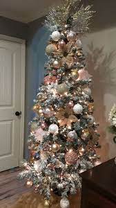 Beautiful Flock Tree With Rose Gold Decor Floral Christmas Tree Holiday Tree Decorations Elegant Christmas Trees
