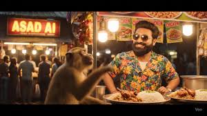 Veo3 Prompt👇, {, "prompt": "A playful animated short film set in a bustling Kolkata street food market. A cute, furry Indian monkey is standing in front of a chicken rice stall. The camera shows a ...