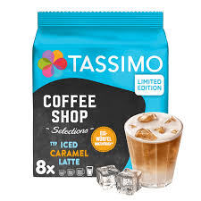 The iced versions of these drinks (such as the iced caramel macchiato, iced tiramisu latte, and the iced caffe mocha) contain 75 mg caffeine in a tall and 150 mg caffeine in a grande or a venti iced. Tassimo Iced Caramel Latte T Discs Fur 8 Iced Caramel Latte