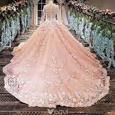 Luxury Gorgeous Pearl Pink Wedding Dresses 2018 Ball Gown Lace Flower Appliques Beading Rhinestone Scoop Neck Long Sleeve Cathedral Train Wedding Mermaid Wedding Dress Pink Wedding Gowns Pink Wedding Dresses