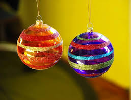 Easter eggs embellished with white iridescent glitter and faux silver gems. Two Purple And Orange Christmas Balls Stock Image Colourbox