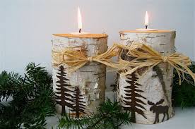 Birch Log Candle Holders With Rustic Metal Trees And Moose And Raffia Bows 42 64 Via Etsy Birch Log Candle Holder Log Candles Birch Candle Holders