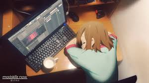 anime girls, K-ON!, Hirasawa Yui, sleeping, watermarked, resting head,  rest, 2D, computer, coffee cup, brunette, short hair, fan art HD Wallpaper
