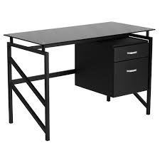 The computer desk features a modern design that lends a touch of class to most room decors. Glass Desk With Two Drawer Pedestal Black Glass Top Black Frame Riverstone Furniture Collection Target
