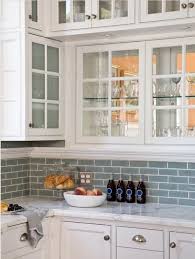 White Cabinets With Frosted Glass Blue Subway Tile Backsplash From Houzz Com Backsplash For White Cabinets Kitchen Design Kitchen Cabinets Decor