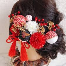 紅白ピンポンマム ちりめん玉 髪飾り 和装 着物 結婚式 成人式 卒業式にも 髪飾り 手芸 ハンドメイド