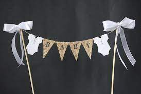 Baby Shower Cake Topper Baby Girl Or Baby Boy Cake Banner Cake Bunting Hessian Burlap Flags With White Lace Bodysuits And Ribbon Trim In 2022 Baby Shower Cake Topper Burlap