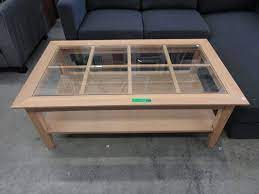 Classic brands rustic farm house solid wood coffee table with glass top, weathered rye. Wood Coffee Table With Glass Insert Top