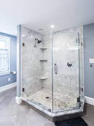 Tiles tools & accessories ». Neo Angle Corner Shower With Marble Tile Frameless Glass And Herringbone Floor Tile Blue Wall Paint Blue Painted Walls Herringbone Floor Tile Corner Shower