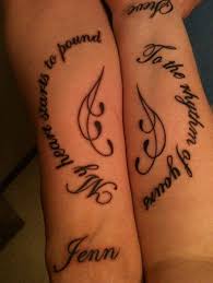 Circle Love Couple Tattoo Quotes On Forearm With Feathers Amp Names My Heart Starts To Couples Tattoo Designs Matching Love Tattoos Matching Couple Tattoos
