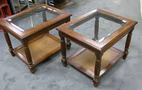 Two Mersman Side End Tables Beveled Glass Top Wicker Bottom Shelf Cherry Wood Cherry Stained Glass End Tables Glass Top End Tables Wood End Tables