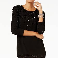 Alfani Womens Embellished Long Sleeves Black Sweater 61 Off Retail