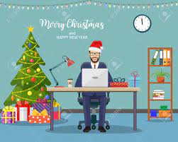 Anyone else, and did you have any plans? Christmas And New Year In Modern Office Workplace Interior Businessman Working At Computer In Office Merry Christmas Holiday New Year And Xmas Celebration Vector Illustration In A Flat Style Royalty Free Cliparts