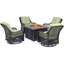 Hanover Orleans 5 Piece Steel Patio Fire Pit Conversation Set With Avocado Green Cushions Woven Sw Fire Pit Chat Set Outdoor Furniture Sets Patio Seating Sets