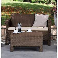 Keter Corfu Brown All Weather Resin Patio Loveseat With Tan Cushions 214770 The Home Depot Clearance Patio Furniture Garden Patio Furniture Patio Loveseat