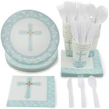Serves 24 Religious Holy Communion Baptism Christening Confirmation Party Supplies 144pcs Plates Napkins Cups Favors Decorations Kit Set For Church Events Kids Boys Girls Birthday Baby Shower Walmart Com
