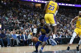 June, g.o.a.t., superman, captain marvel, black jesus). Golden State Warriors Forward Jordan Bell 2 Looks For An Open Shot Under Pressure From Los Angeles Lakers Forward Lebron James 23 In The Nba Game At T Mobile Arena In Las Vegas