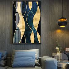 Geometric Abstract Gold Navy Blue Print Painting Luxury Wall Art Pictures On Canvas Ready To Hang For Living R Framed Wall Art Large Wall Art Wall Art Pictures