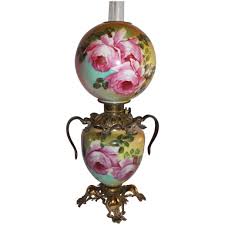 museum quality outstanding hand painted gone with the wind oil lamp with roses rare handled font ring and base original gone with the wind oil lamps lamp