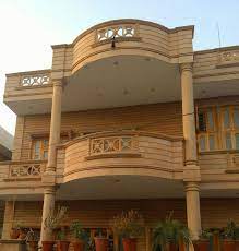 We design elevation for bungalow, villa, farmhouse, twin bungalow, row house etc. Jodhpur Sand Stone Elevation Stone Exterior Houses Village House Design House Plans With Pictures