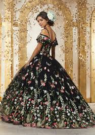 Style 89238 This Unique Quinceanera Ballgown Features Intricate All Over Floral Embr Black Quinceanera Dresses Quincenera Dresses Mexican Quinceanera Dresses