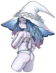 oninuer, ranni the witch, elden ring, highres, 1girl, artistic error, ass,  blue eyes, blue hair, bra, closed mouth, colored skin, commentary typo,  cropped legs, doll joints, extra arms, from behind, gradient hair, grey  skin, hat, joints, large hat, long hair,