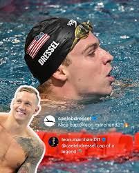 존중 🤝 Leon Marchand는 상하이에서 열린 월드 아쿠아틱스 수영 월드컵에서 Caeleb Dressel의 수영 모자를  착용했습니다. #SWC2024 #swimmingworld #swimmers #swimmingcoach