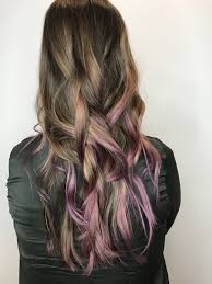 Balayage On Natural Brown Hair With Purple Tips For A Wearable Vivid Color Styled With A Half Up Bra Natural Brown Hair Purple Brown Hair Balayage Hair Purple